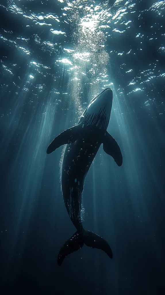 A whale swims upwards towards the surface in a dark blue ocean. Sunlight streams down from above, illuminating the whale's body in a dramatic silhouette. Its tail is curled upwards, creating a graceful curve. The image captures the beauty and power of these majestic creatures.