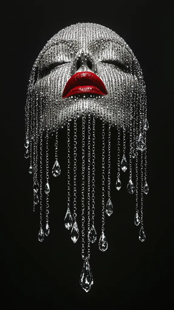 A woman's face is covered in a shimmering silver material, resembling a mask or a second skin. Her eyes are closed, and she has bold red lips. The material continues downwards, forming a cascade of teardrop-shaped crystals that hang like a curtain, creating an ethereal and glamorous effect. The image is shot against a black background, highlighting the sparkling details.