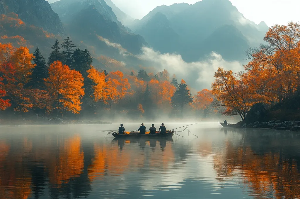 A group of four people are fishing in a small boat on a calm lake surrounded by mountains and trees. The lake is misty and the trees are a vibrant orange, reflecting the colors of autumn. The scene is peaceful and serene.  The mountains are shrouded in mist and fog, giving the image a mystical feel.