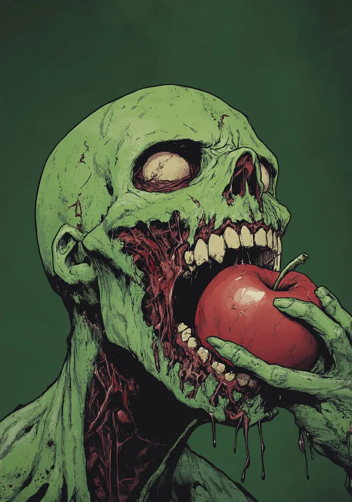 A grotesque zombie with rotting flesh and exposed teeth, its one remaining eye bulging, bites into a red apple. The zombie's hand, also decaying, holds the apple and drips with blood and ichor. The background is a dark green, adding to the ominous atmosphere.