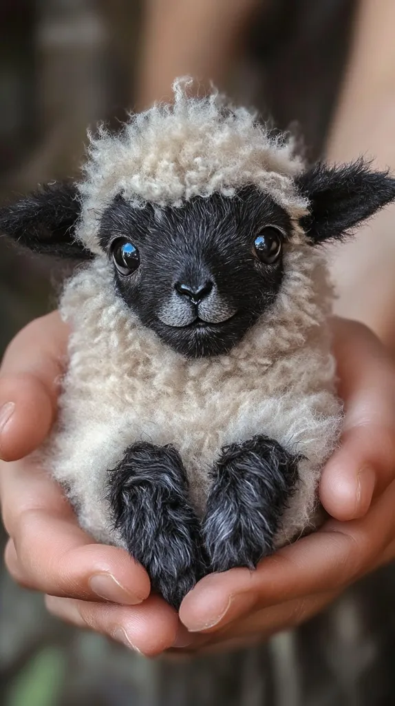 A small, fluffy lamb with black face and legs is being held in a pair of hands. The lamb has large, dark eyes and a sweet expression. It is sitting upright with its paws tucked in, looking up at the camera. The lamb's wool is soft and white, and its black face contrasts sharply against the light color. The hands holding the lamb are gently cradling it, with the fingers curved around its tiny body. The background is out of focus, allowing the lamb to be the center of attention.