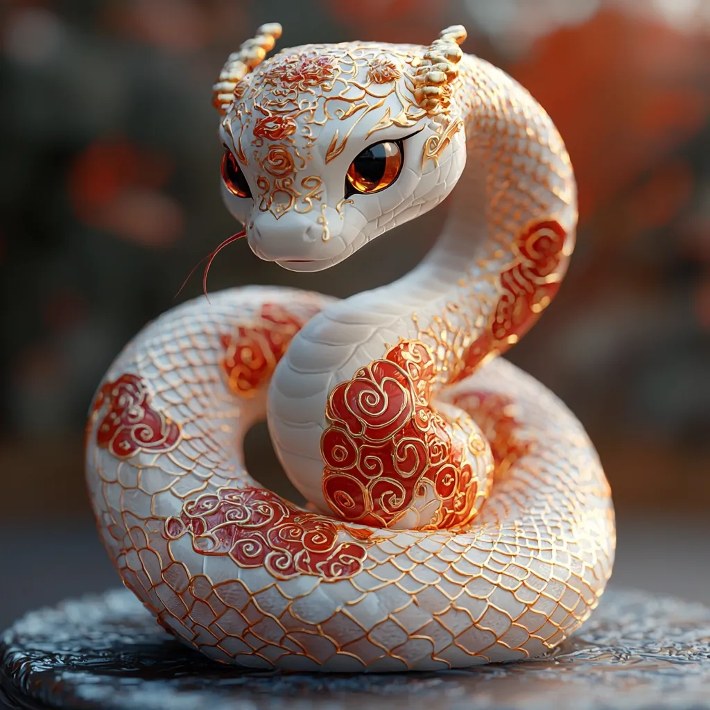 The image shows a white snake with red and gold details, curled up in a coil. It has large, round eyes and a small, pointed snout. The snake's scales are intricately detailed and its body is adorned with ornate designs. The background is out of focus, giving the snake a sense of prominence. The snake appears to be made of a smooth, polished material, giving it a shiny and elegant appearance.