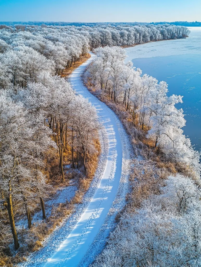 A winding path through a snowy forest leads to a frozen lake. The trees are covered in frost, creating a white and blue landscape. The path is covered in snow, and footprints mark its surface. The scene is peaceful and serene, with a clear blue sky overhead.  The photo captures a winter wonderland.