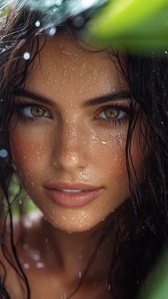 A close-up shot of a woman's face, her skin glistening with water droplets. Her dark hair is wet and frames her face, emphasizing her piercing green eyes and slightly parted lips. The image evokes a sense of sensual freshness and natural beauty.