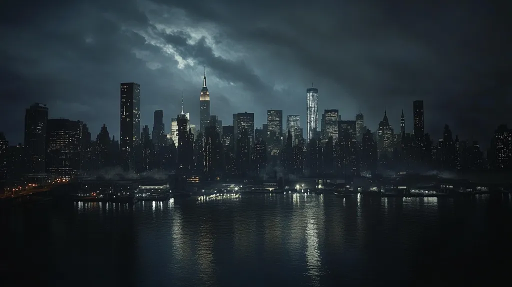 A panoramic night cityscape, shrouded in darkness and punctuated by the faint glow of city lights.  Tall buildings reach for the sky, their silhouettes against a backdrop of a cloudy night. The city is reflected in the still waters of a river or bay, creating a mesmerizing and slightly eerie atmosphere.  The scene evokes a sense of solitude and mystery, with the city seemingly asleep under the watchful eye of the night.