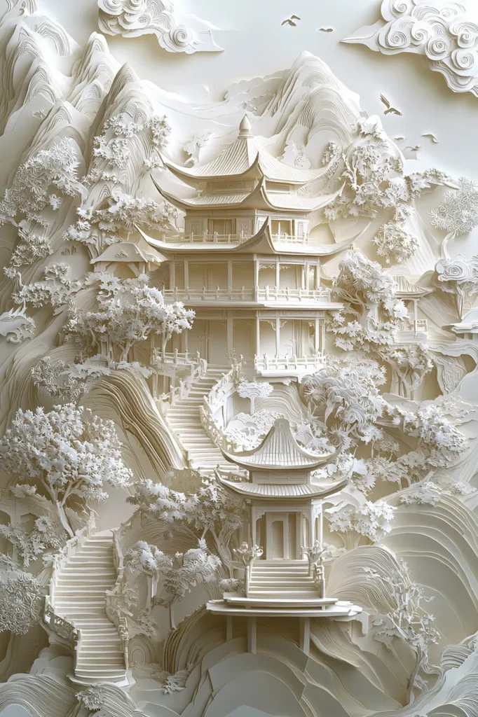 This intricate paper-cut artwork depicts a serene Asian landscape.  Two white pagodas are nestled amongst layered paper mountains, with cascading steps leading up to the structures. Delicate trees and fluffy clouds add to the scene, creating a sense of tranquility and depth. The artist's meticulous attention to detail is evident in the intricate folds and cuts, transforming paper into a captivating three-dimensional world.
