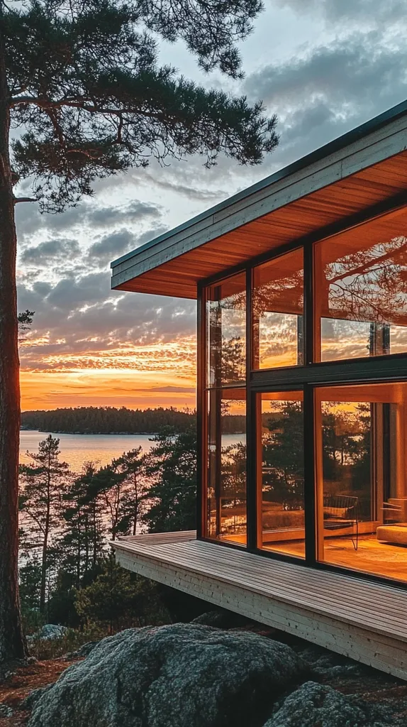 A modern cabin with large windows sits on a rocky hillside overlooking a calm lake. The sunset casts an orange glow over the water and the surrounding trees. The cabin's interior is lit up, creating a warm and inviting atmosphere. The scene evokes a sense of tranquility and peace.