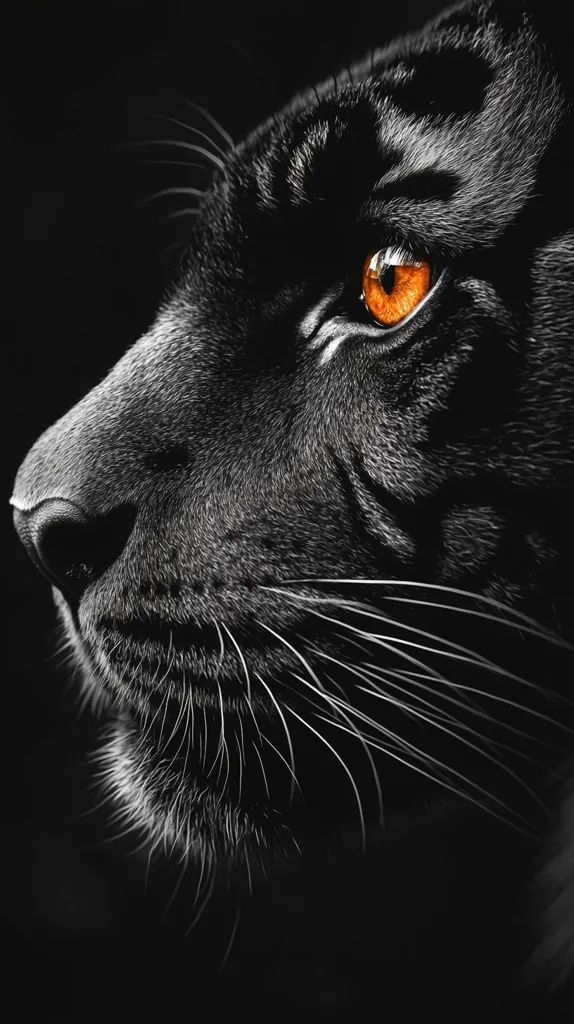 The image is a close-up of a black panther's face. The panther's fur is black and white, with a focus on the bright orange eye, which stands out against the dark fur. The image is in monochrome, except for the orange eye, which adds a pop of color. The panther's whiskers are visible, creating a sense of detail. The overall tone of the image is mysterious and captivating.