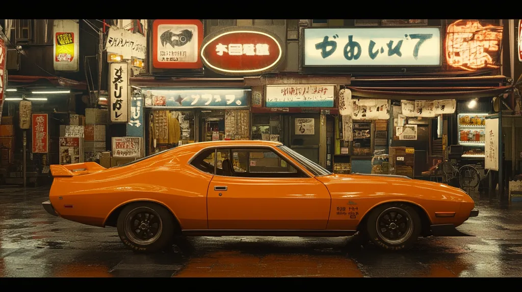 A bright orange classic car is parked in the middle of a wet, narrow street in a Japanese city. The car is surrounded by brightly lit neon signs in Japanese, and the buildings behind it are old and worn. The scene is gritty and atmospheric, with a sense of urban decay and faded glory.