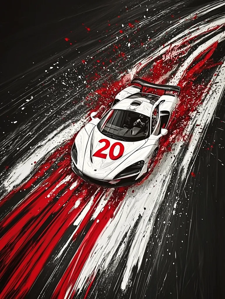 A white race car with the number 20 on the side speeds across a black track, leaving behind a trail of red and white paint splatter, like a brushstroke. The car is a blur of motion, emphasizing the speed and intensity of the race. The image is stylized, almost like an abstract painting, adding to the dynamic energy.