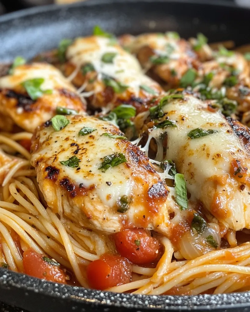 A close-up shot of a skillet filled with spaghetti, chicken cutlets, and a red sauce.  The chicken cutlets are topped with melted mozzarella cheese and fresh basil leaves.  The dish appears to be a classic Italian meal.  The image focuses on the texture and color of the food, creating an appetizing scene.
