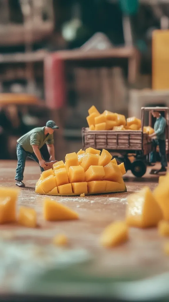 A miniature man in blue jeans and a green shirt is standing in front of a large, diced mango. The mango is arranged in a semi-circle, and there are smaller mango pieces scattered around it. In the background, a toy truck loaded with mangoes is parked nearby. The scene is set on a wooden table, and the overall tone is playful and whimsical.  The image is a creative and humorous depiction of everyday life using miniature figures and objects.
