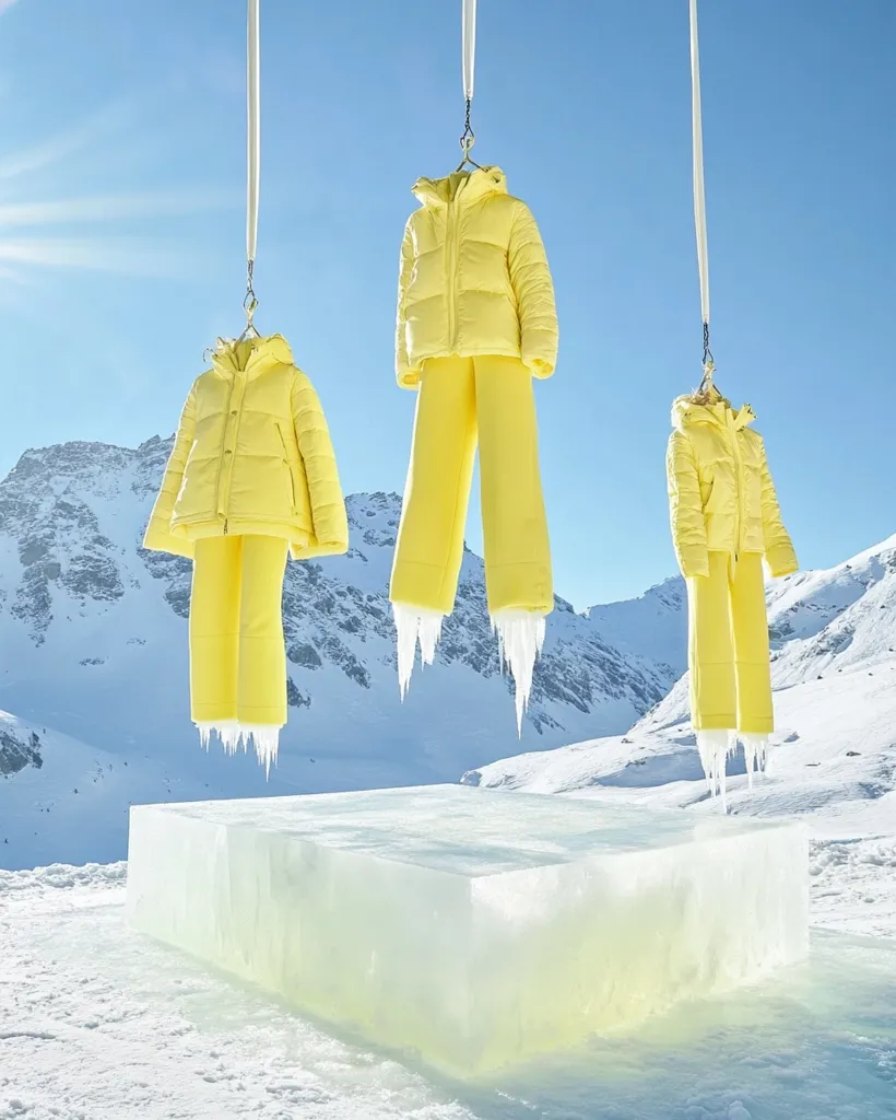 Three bright yellow ski suits hang from strings in front of a snowy mountain range. The suits are suspended over a large block of ice, with icicles forming on the edges of the suits and the ice block. The background is a clear blue sky with some white clouds.