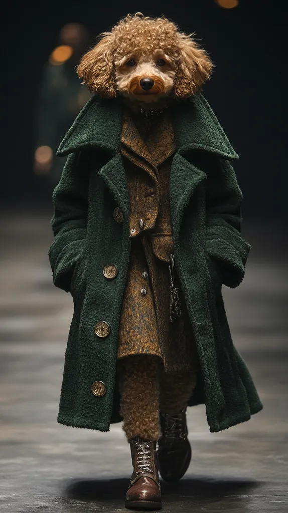 A poodle wearing a long green coat with gold buttons and a brown patterned dress walks down a runway.  The poodle is wearing brown leather boots. The background is blurred and dark.  The poodle is looking straight ahead with a serious expression. The image appears to be a fashion photo.