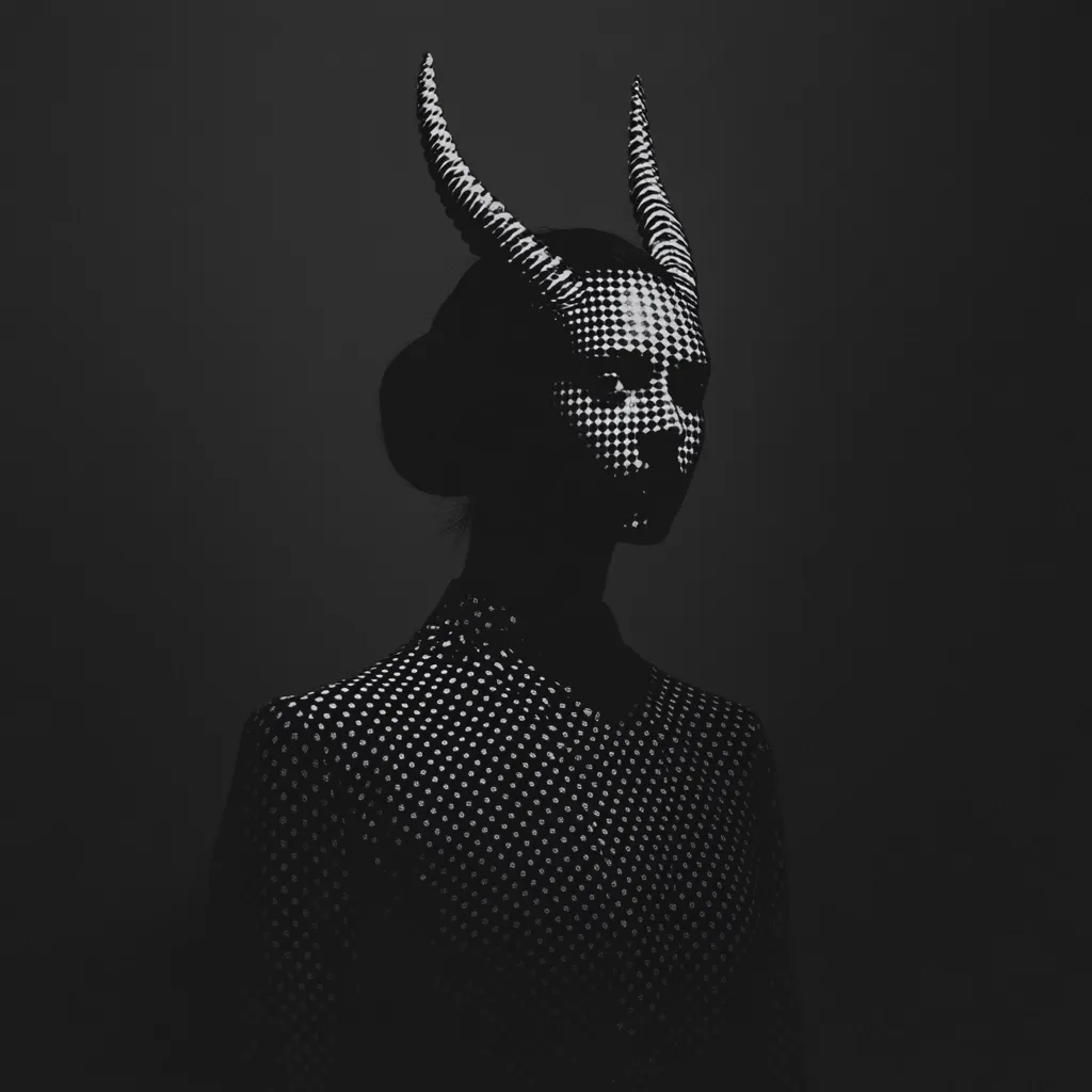 A woman stands against a dark backdrop, her face obscured by a checkerboard pattern mask. Her black and white polka dot blouse is the only source of visual interest. She wears horns, adding a mysterious and perhaps sinister air to the image. The contrast between the dark background and the patterned clothing creates a striking visual.