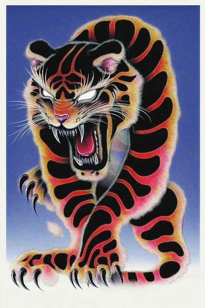 The image features a black and red tiger with white eyes, snarling with bared teeth. Its stripes are bold and defined, and its fur is rendered with a soft, fuzzy texture. The tiger is depicted in a dynamic pose, with its claws extended, conveying a sense of power and aggression. The background is a simple blue gradient, providing a stark contrast to the vibrant colors of the tiger. The image has a traditional Japanese style, reminiscent of woodblock prints or tattoo art.