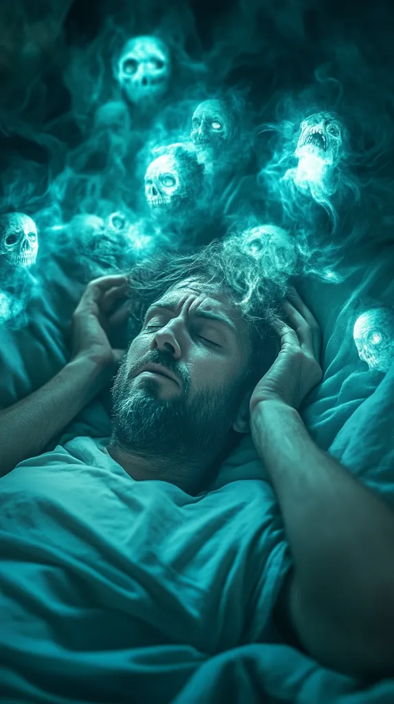 A man lies in bed, his eyes closed, with his hand on his forehead. He appears to be asleep, but ghostly figures of skulls appear to be circling him, in a dark and mysterious cloud of smoke.  The image creates a sense of unease and perhaps a nightmare.  The colors are predominantly blue and green.  The sheet and pillow appear to be made of blue satin. The man's skin is pale, and his hair is dark.  The skull imagery evokes thoughts of death, fear, and anxiety.