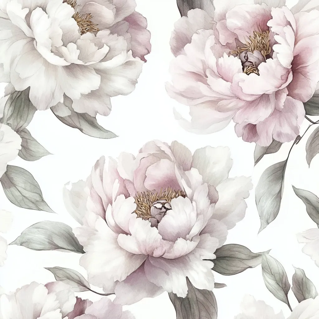 The image features a watercolor painting of delicate pink and white peonies with soft green leaves. The flowers are large and prominent, with detailed petals and a soft, romantic feel. The background is a simple white, highlighting the beauty of the flowers. The image evokes a sense of peace and tranquility.