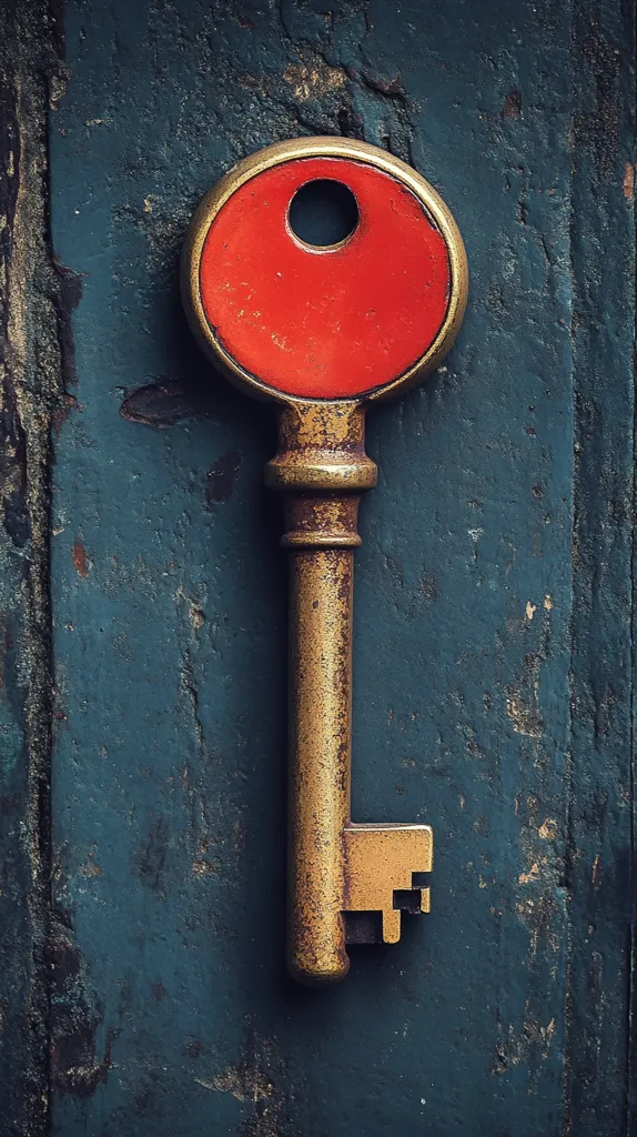 A brass key with a red, circular head sits against a dark, weathered teal background. The key has a slightly worn appearance, hinting at age and use. The red head of the key contrasts sharply with the dark background, creating a striking visual. The key is positioned in a simple, yet visually compelling, manner, highlighting its form and texture. The image evokes a sense of nostalgia and history, capturing a simple yet powerful object.