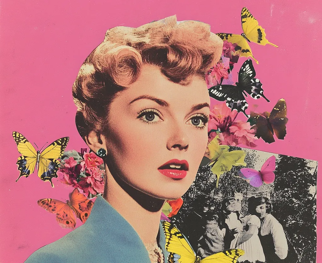 A vintage-style collage features a woman with perfectly coiffed hair, her face framed by a cascade of flowers and butterflies. She gazes intently, her lips painted a vibrant red. The background shows a black and white image of a couple embracing, adding a touch of romance and nostalgia to the piece. The overall effect is a whimsical and captivating visual narrative.