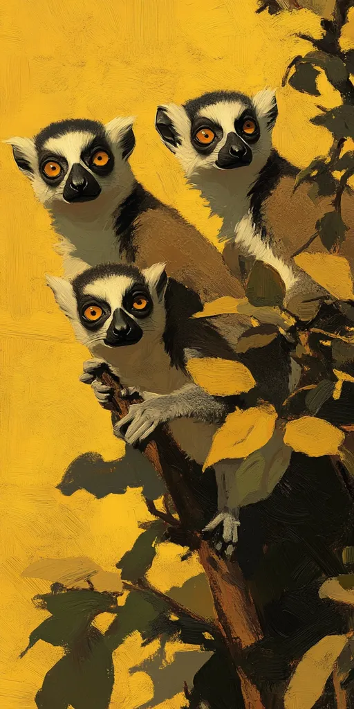 The image features three ring-tailed lemurs perched on a tree branch against a bright yellow background. The lemurs have striking black and white fur, and their large, piercing eyes stand out against their brown and gray markings. They are looking directly at the viewer, creating an impression of curious observation. The leaves of the tree are a dark green, contrasting with the vibrant yellow sky. The painting has a bold and expressive style, giving a sense of movement and energy to the scene.