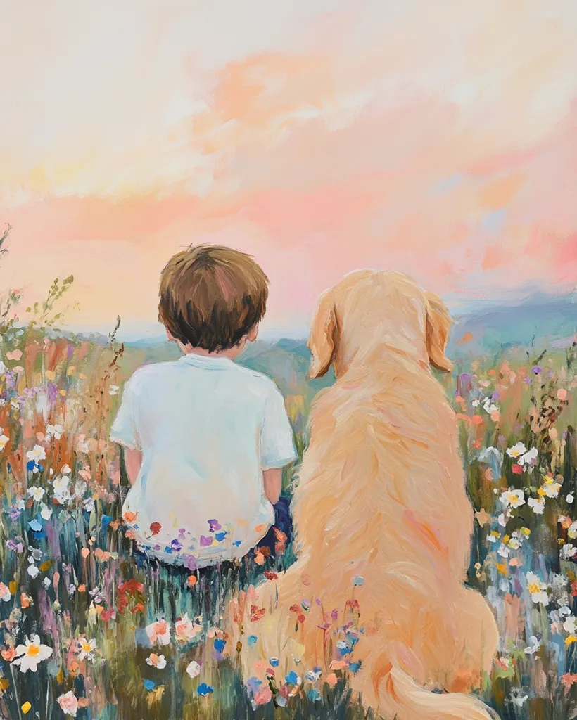 A young boy with brown hair sits in a field of wildflowers, his back to the viewer.  He is joined by a golden retriever who is looking at the distant horizon.  The sky behind them is a soft pink and orange.  The scene is peaceful and serene, a quiet moment of companionship between boy and dog.