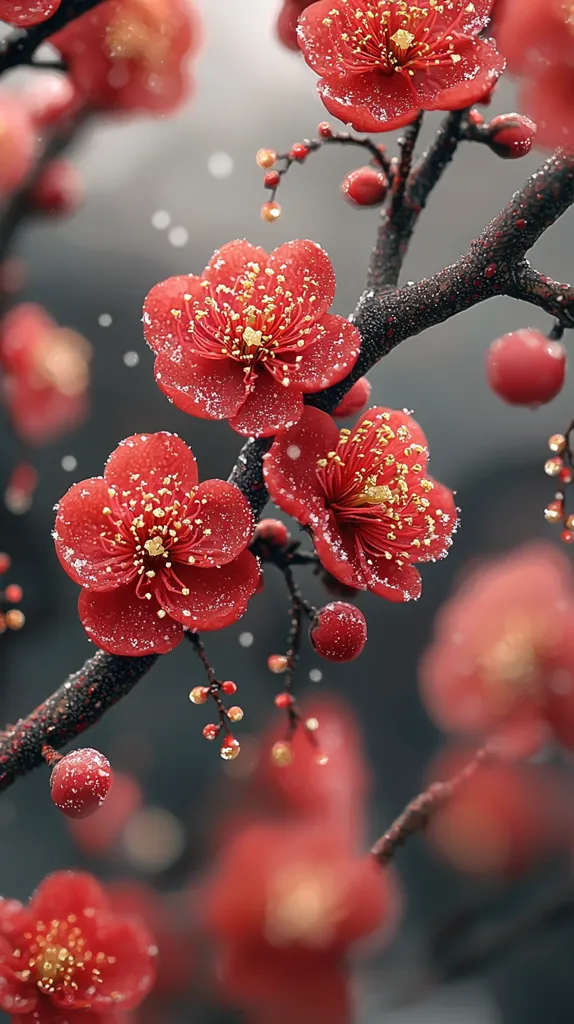The image shows a close-up of a branch of a flowering tree. The flowers are a deep red with yellow centers and are covered in tiny droplets of water, suggesting a recent rain. The branch is slender and dark, contrasting with the vibrant blossoms. The background is blurred, drawing attention to the delicate beauty of the flowers. The overall image evokes a sense of serenity and the fleeting nature of beauty.
