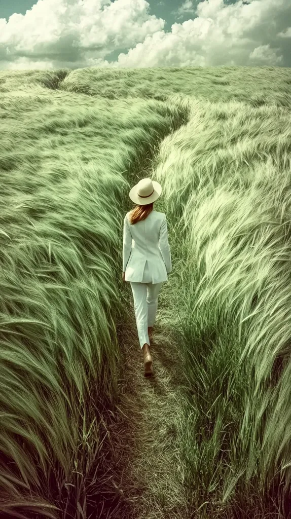 A woman in a white suit and wide-brimmed hat walks away from the camera down a narrow path in a tall field of swaying green grass.  The sky is cloudy, giving a somewhat nostalgic or dreamy feel to the image. The path is slightly worn, contrasting with the untouched tall grass on either side.  The scene is serene and evokes a sense of solitude and contemplation.