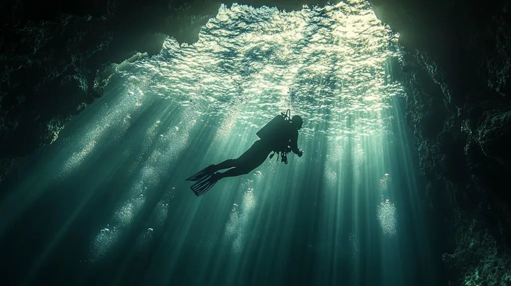 The image shows a scuba diver silhouetted against beams of sunlight penetrating a dark underwater cave. The diver, equipped with a full scuba set, is positioned centrally, swimming horizontally.  Sunlight streams through an opening above, creating a dramatic contrast between the illuminated water and the shadowy cave walls.  Air bubbles trail behind the diver, adding to the serene, yet mysterious atmosphere. The overall effect is one of peaceful exploration in a hidden underwater world.