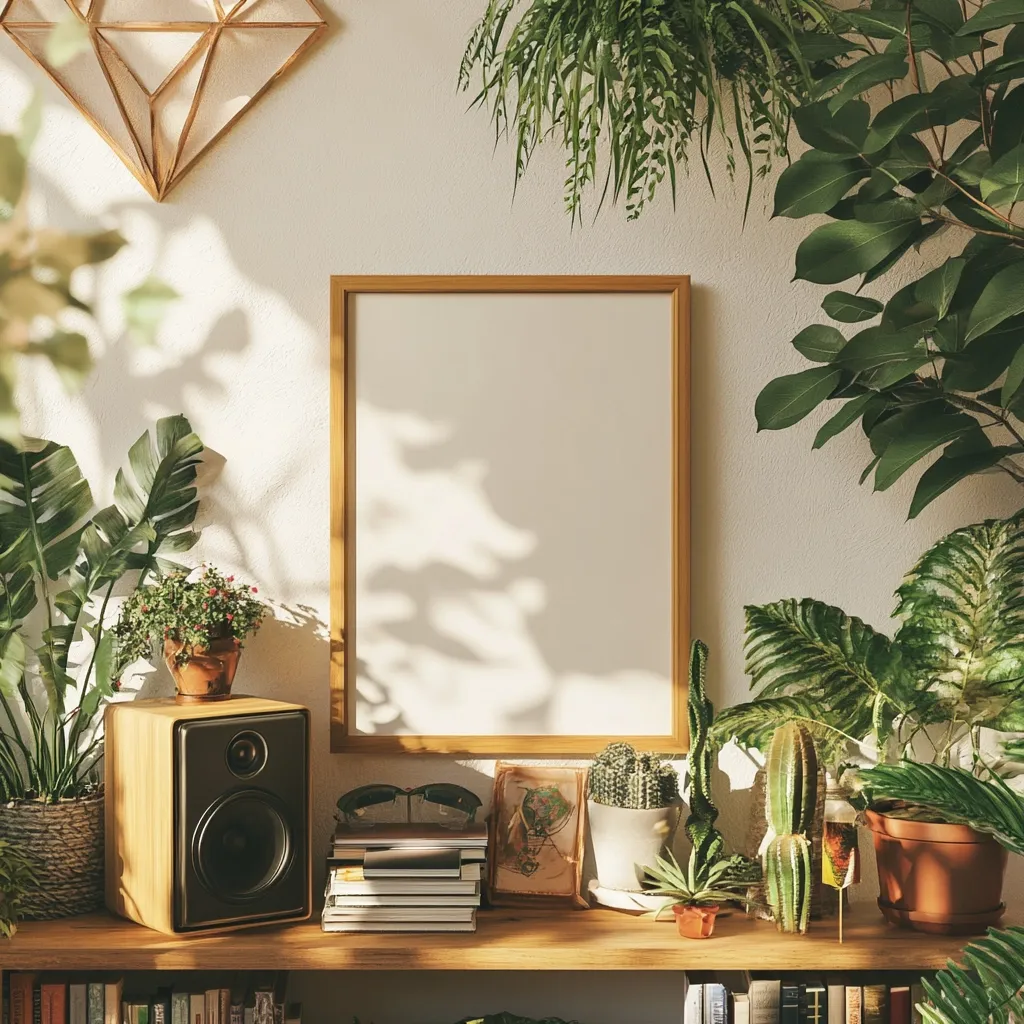 A large wooden frame with a blank canvas sits on a wooden shelf. Several plants, including a cactus, ferns, and a potted plant, are arranged around the frame. A speaker and a stack of books are on the shelf below the frame. Sunlight streams in through the window and casts a shadow on the wall behind the frame.  The overall feel of the image is calm and peaceful.
