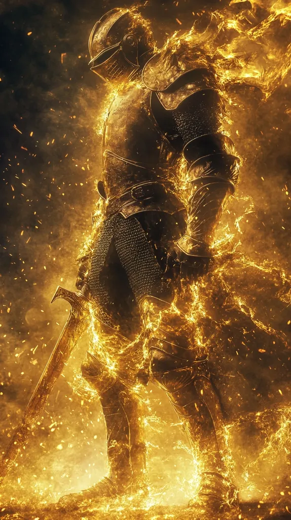 A knight clad in shining armor stands amidst a fiery inferno. The flames engulf his body, creating a dazzling spectacle of light and heat. The knight's face is obscured by a helmet, and his sword is sheathed at his side. The scene evokes a sense of power and strength, suggesting a warrior who has overcome great adversity.