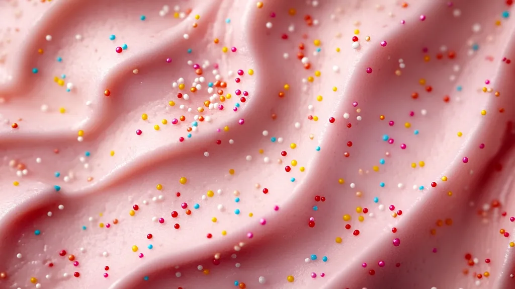 A close-up shot of pink frosting, glistening and smooth, with colorful sprinkles scattered throughout. The frosting is swirled, creating a gentle texture. The vibrant sprinkles, in various shades of red, blue, yellow, and white, add a playful contrast to the pink background. The image evokes a sense of sweetness and celebration.