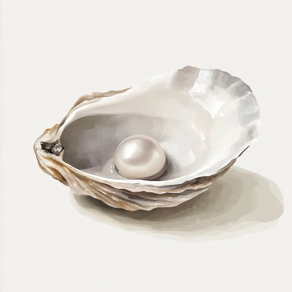 A pearl sits nestled in the center of an open oyster shell. The pearl is perfectly round and smooth, with a glossy white surface. The oyster shell is rough and textured, with a light brown color. The image is a simple and elegant depiction of a classic symbol of beauty and value.