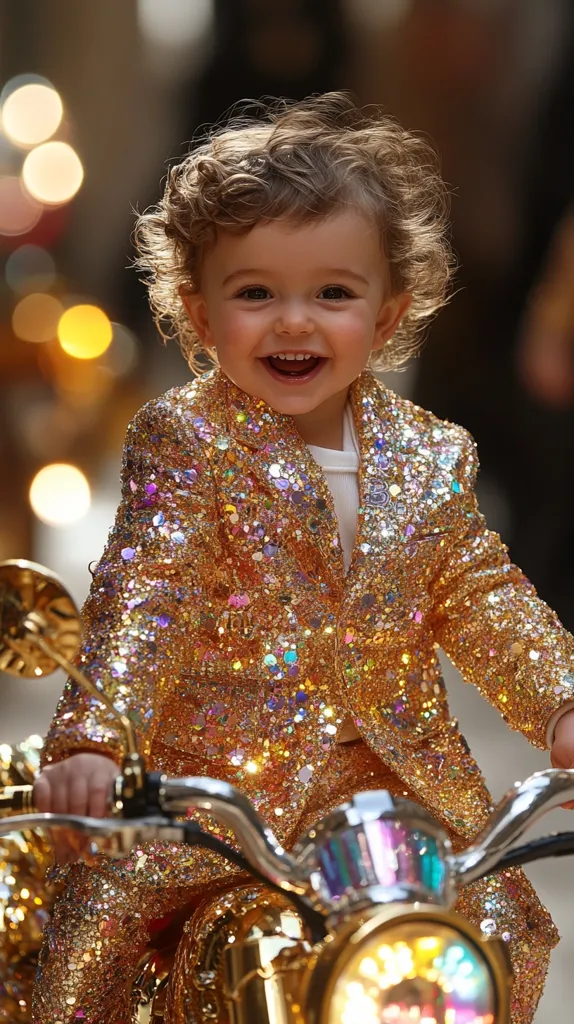 A young child, dressed in a shimmering gold sequined suit, sits on a shiny gold motorcycle. The child is smiling broadly, their curly hair framing their face. The background is blurred with twinkling lights, creating a festive atmosphere. The image captures a moment of joy and exuberance, as the child seems to be enjoying their ride.