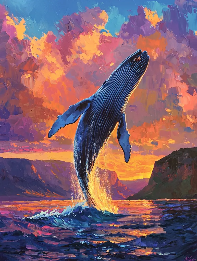 A large whale breaches the surface of the water, its body silhouetted against a vibrant sunset. The sky is filled with streaks of orange, pink, and purple clouds, while the water below is a shimmering expanse of blues and greens. The whale's powerful leap creates a spray of water, adding to the dynamism of the scene. The scene is painted with a loose and expressive style, capturing the energy and majesty of the moment.