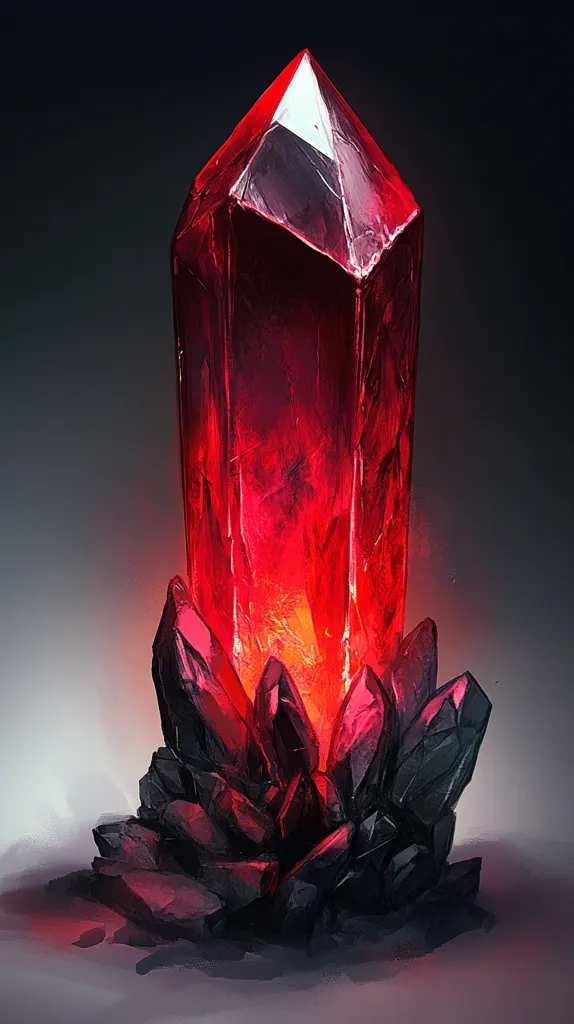 A large, glowing red crystal sits atop a bed of dark, jagged crystals. The light emanating from the red crystal illuminates the surrounding area, creating a dramatic and mystical scene. The crystal's sharp edges and vibrant red hue suggest power and energy. The dark crystals provide a stark contrast, highlighting the brilliance of the central crystal. The image evokes a sense of wonder and the unknown, suggesting a powerful magical artifact.