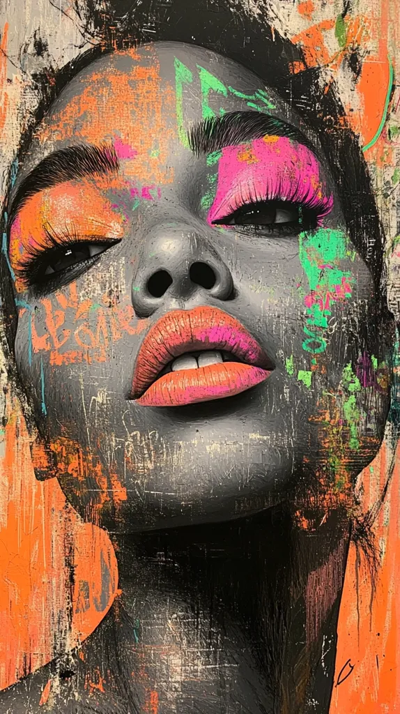 The artwork is a vibrant portrait of a woman's face, rendered in a striking mix of grayscale and bold neon colors.  Her makeup features bright pink and orange tones, contrasting with the predominantly dark gray and black background.  The style is expressive and textured, incorporating graffiti-like elements and abstract splashes across the canvas.  The orange background adds warmth, creating a dynamic and energetic feel to the piece. The overall effect is bold, modern, and visually arresting.