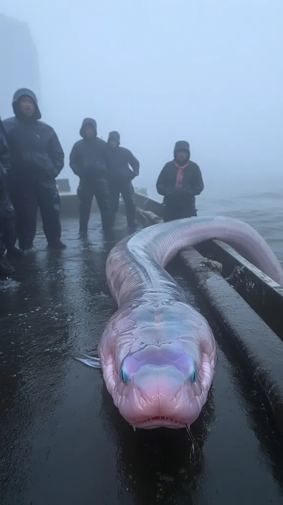 A group of four people stand on a dock, silhouetted against a foggy background. They are looking at a large, pink fish with a gaping maw that lies on the dock. The fish is translucent and has large, blue eyes. The scene is both intriguing and slightly eerie.