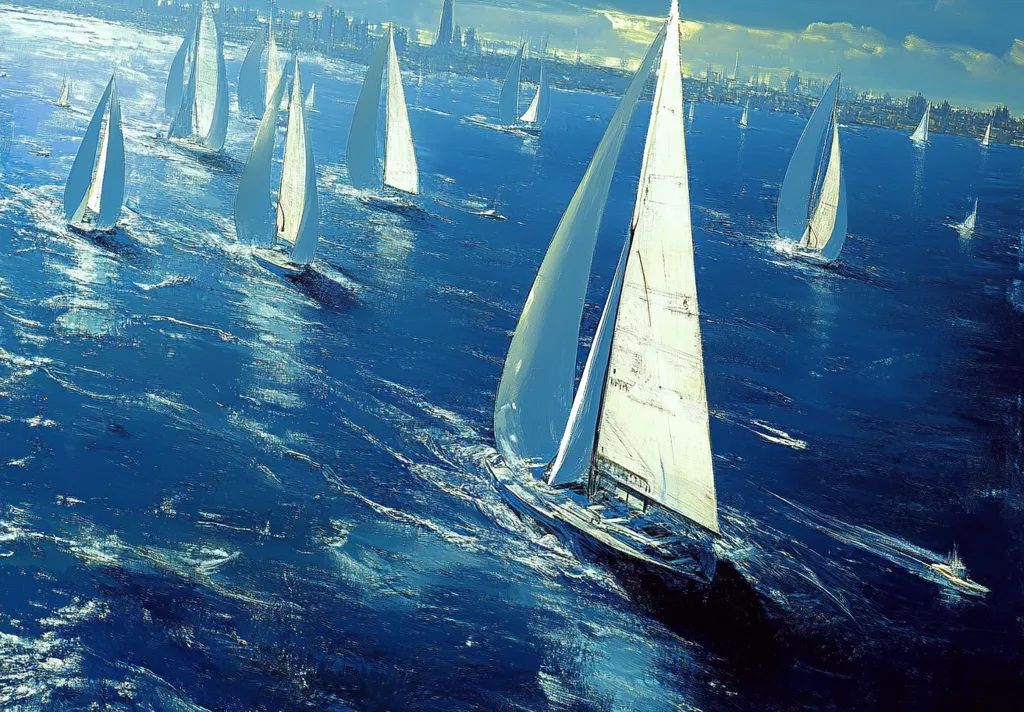 A vibrant oil painting captures a dynamic sailing regatta. Numerous sailboats, predominantly white, navigate a deep blue sea under a partly cloudy sky.  The artist's impasto technique creates a textured surface, emphasizing the movement of the water and the sails. A large sailboat dominates the foreground, drawing the viewer's eye through the scene toward a distant cityscape faintly visible on the horizon. The overall mood is one of energy and exhilarating competition.