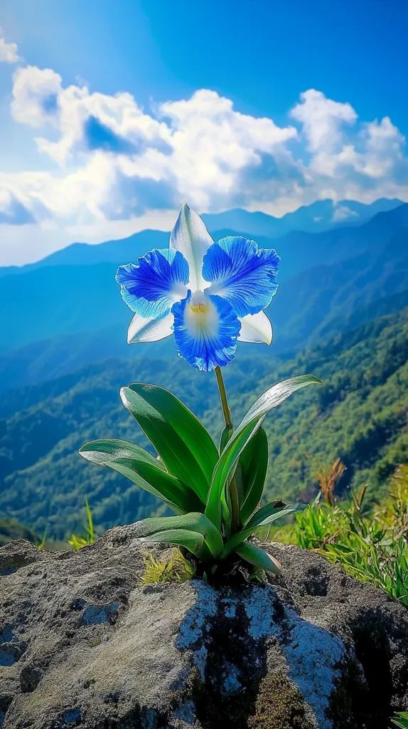 A single blue and white orchid blossoms atop a large rock, surrounded by lush green foliage. The distant mountains provide a dramatic backdrop, with a bright blue sky dotted with fluffy white clouds. The sunlight shines brightly, illuminating the scene. The image captures the beauty and tranquility of nature.