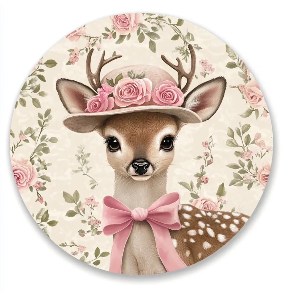 A charming illustration depicts a fawn adorned with a pink sun hat, embellished with pink roses.  The fawn, with its large, expressive eyes, is tied with a delicate pink bow. The background is a soft, cream-colored pattern featuring roses and foliage, creating a whimsical, vintage aesthetic.  The image is circular, suitable for a print or decorative item. The overall style is sweet and feminine.