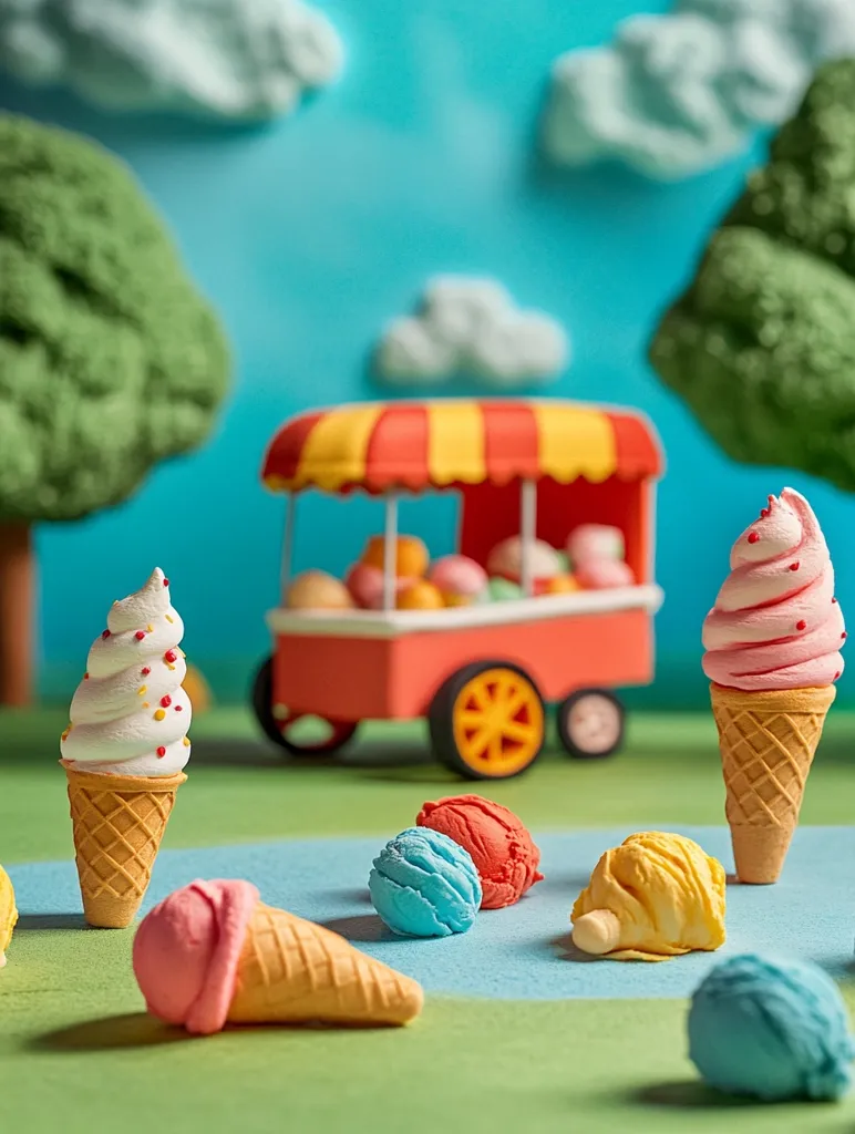 A miniature ice cream cart sits in a whimsical landscape.  A variety of ice cream cones in different flavors are scattered around the cart.  The cones are crafted from clay, and the scene has a playful, imaginative feel.  The background is a blur of blue and green, suggesting a summer sky and foliage.  A sense of fun and childhood nostalgia is evoked by the scene.