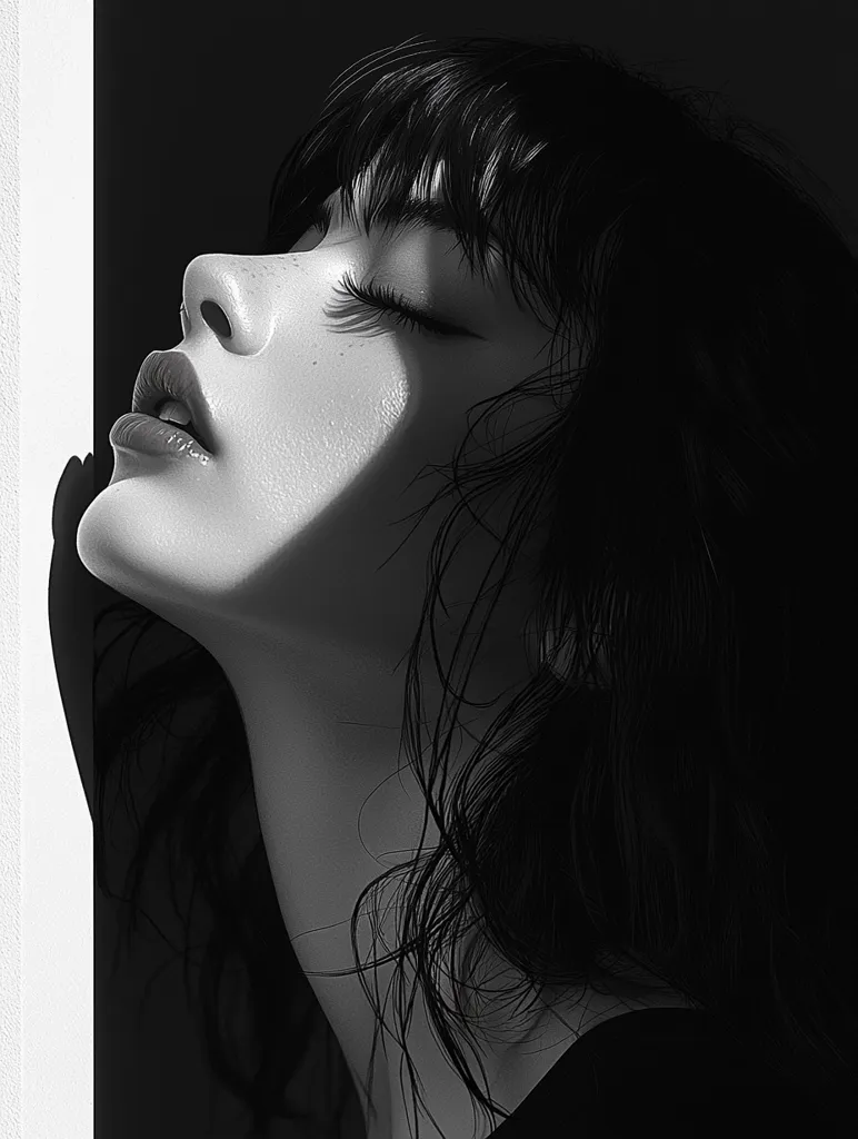 The image is a black and white portrait of a woman with long, dark hair. She has her eyes closed and her head tilted back, as if she is lost in thought or feeling a strong emotion. The light from a window casts a shadow across her face, highlighting her cheekbones and the curve of her neck. The overall mood of the image is one of introspection and quiet contemplation.