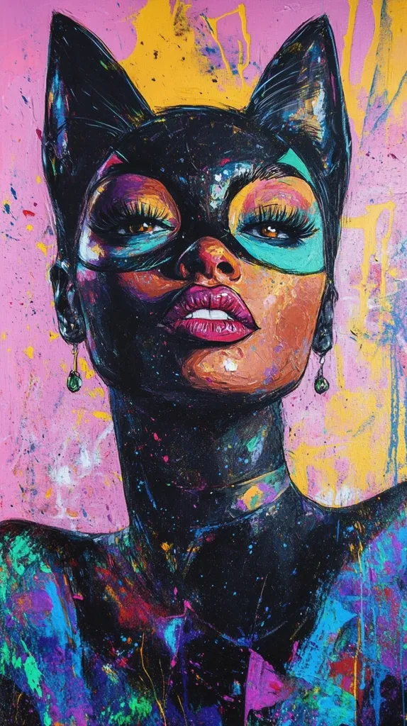 A colorful painting of a woman with cat ears and a black mask. The woman has dark skin,  thick eyebrows, and  dark eyeshadow. Her lips are bright red. The background is a mix of pink, yellow, and blue splatter paint. The painting is abstract and expressive.