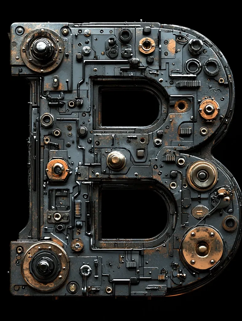 The image shows a stylized letter 'B' made of metal, with a rusted surface. The letter is designed to look like a futuristic, mechanical object, covered with gears, cogs, and intricate circuits. It has a dark, metallic finish with copper accents. The letter is isolated against a black background.
