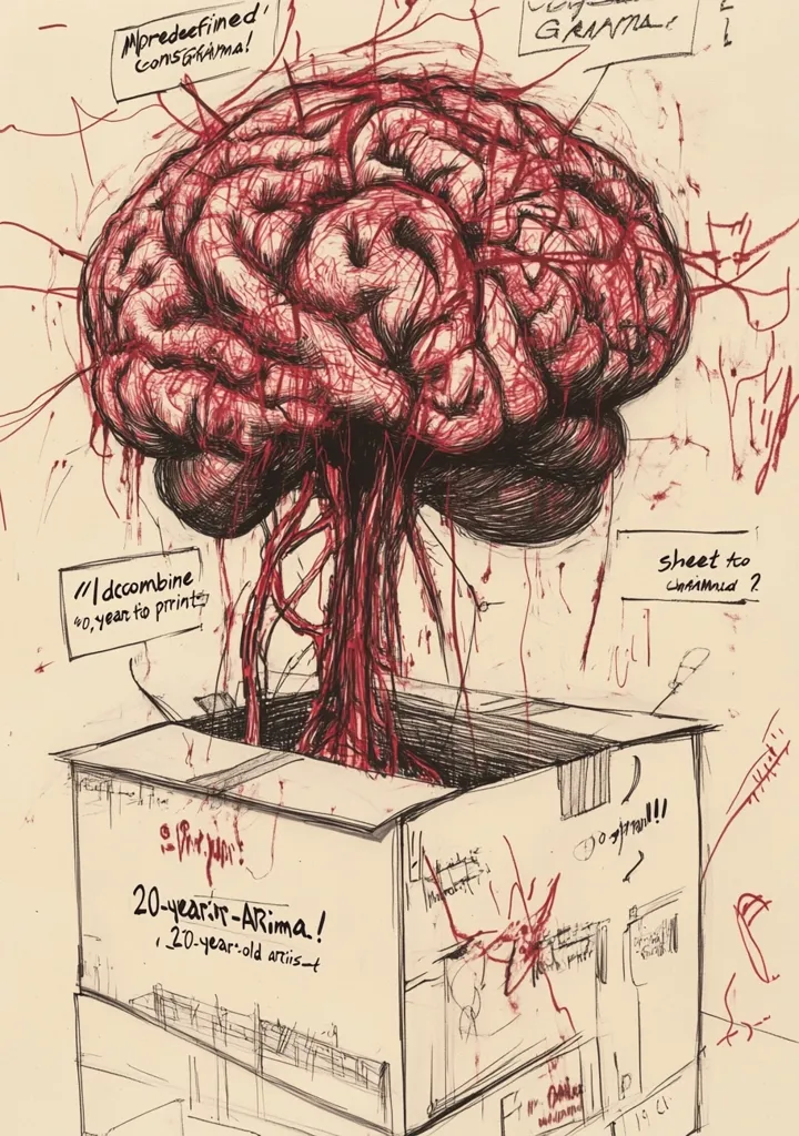 A hand-drawn image of a brain growing from a box. The brain is red and the box is brown. There are numerous scribbles and notes written on the paper. The brain has a tree-like structure with roots going into the box. The drawing is whimsical and slightly disturbing.