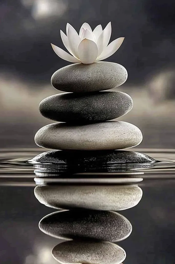 A serene image depicts a white lotus flower delicately perched atop a stack of four smooth, gray stones.  The stones are balanced precariously, creating a sense of calm and tranquility. The entire arrangement sits on the surface of still, dark water, creating a near-perfect reflection mirroring the peaceful scene above. The monochrome color palette enhances the image's minimalist aesthetic, emphasizing the beauty of simplicity and balance.