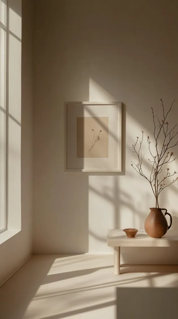 The image shows a minimalist interior with a white wall and a wooden floor. A framed print of a single stem of dried flowers hangs on the wall, and a wooden bench sits in front of it. A vase containing bare branches and a small bowl rest on the bench. Sunlight streams through a window, creating long shadows across the room. The overall aesthetic is calm and serene, emphasizing natural elements and a simple design.