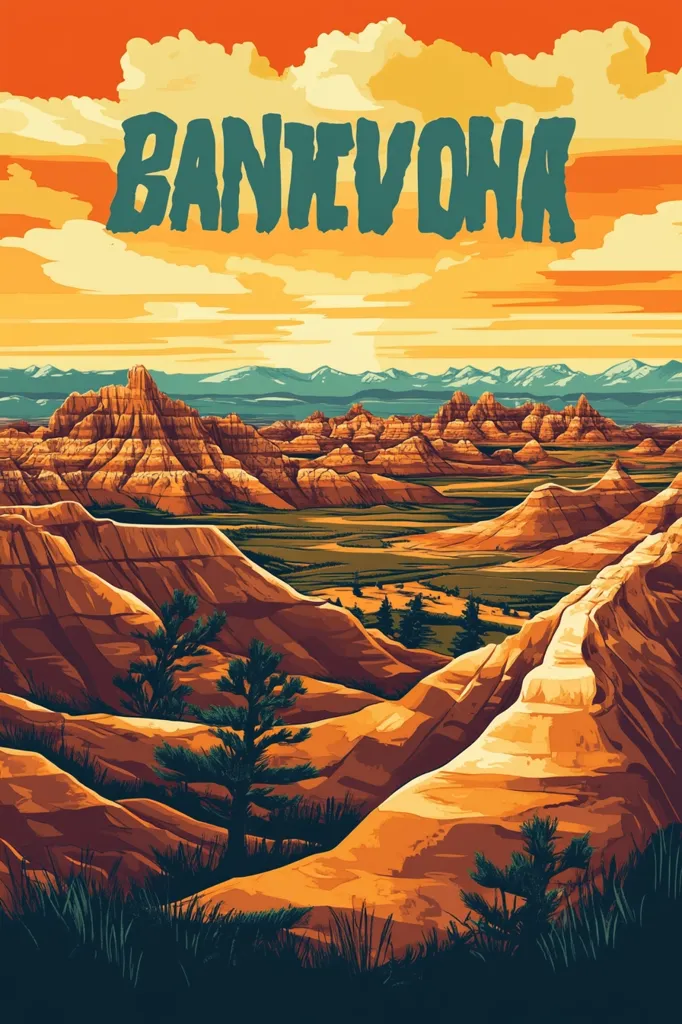 The image depicts a scenic vista of a rugged, layered landscape with a bright orange sky and puffy white clouds. The word "BADLANDS" is written in a bold, green font across the top of the image. The landscape is characterized by sharp, angular rock formations and valleys, and a few trees dot the scene. In the distance, a mountain range with snow-capped peaks is visible. The overall impression is one of vastness and raw beauty.