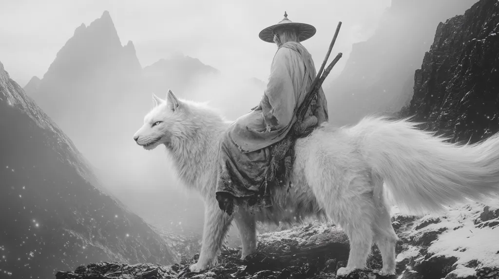 A lone figure in a conical hat sits atop a large, white wolf. The pair stand atop a rocky mountain, the fog swirling around them. The image is in black and white, emphasizing the stark contrast of the figures against the snowy landscape. The wolf's fur is long and flowing, creating a sense of movement and power. The figure's face is obscured, adding an air of mystery to the scene. The image evokes a sense of isolation and adventure, transporting the viewer to a world of myth and magic.
